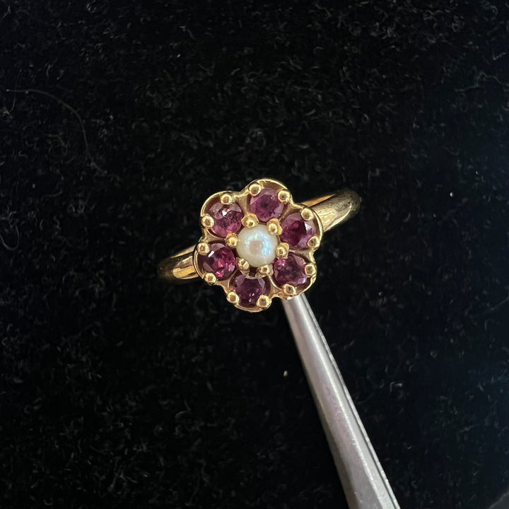 Ruby Pearl Flower Ring