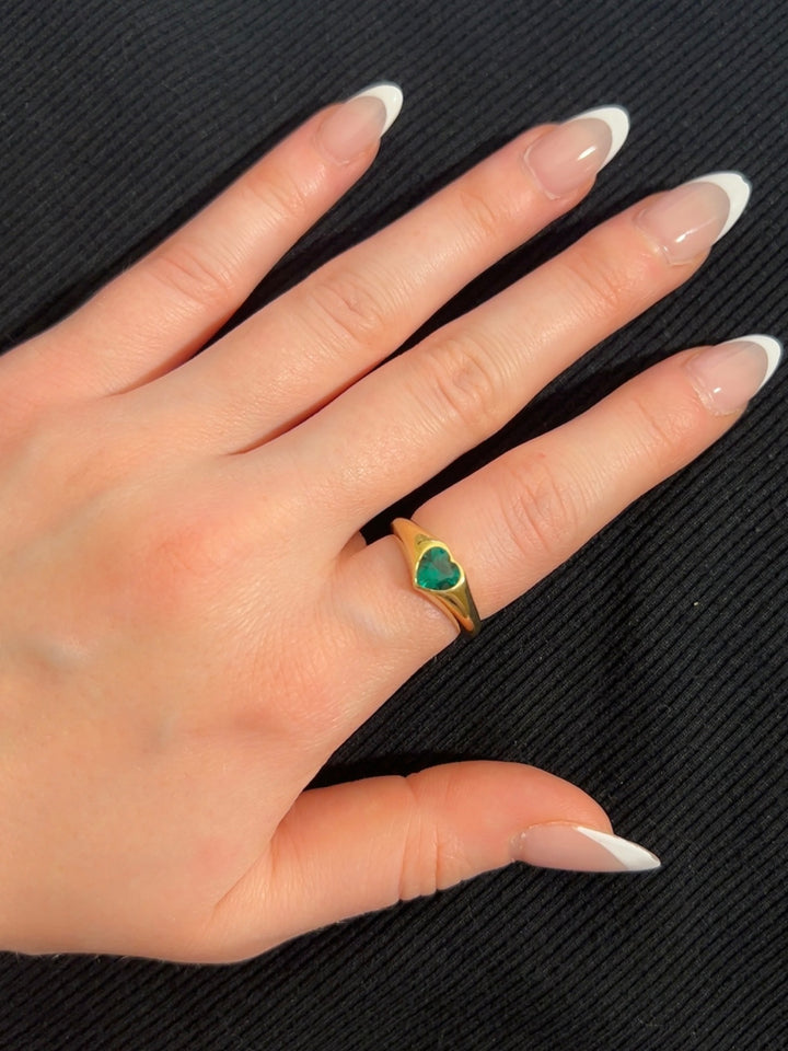 Green Heart Signet Ring (CZ)